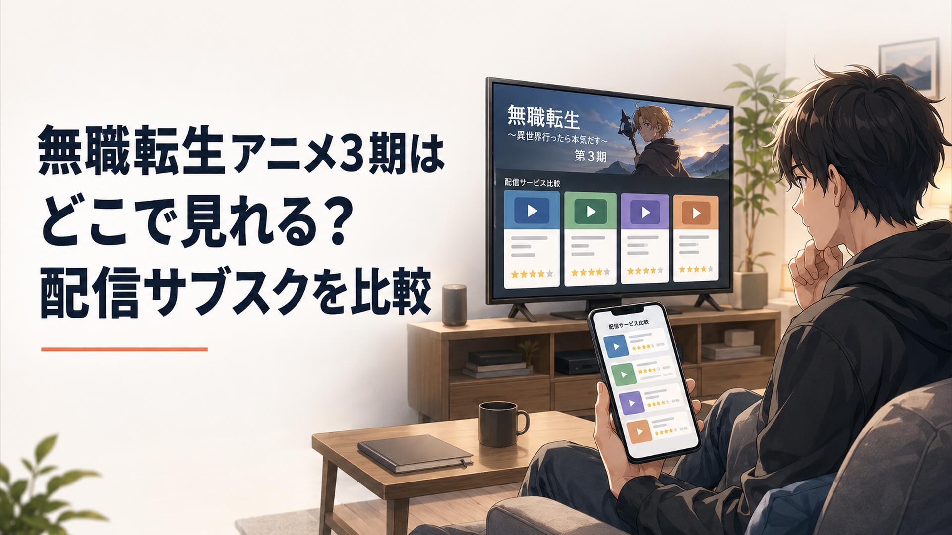 テレビとスマートフォンで無職転生アニメ3期の主要配信サービスを比較するアニメファン