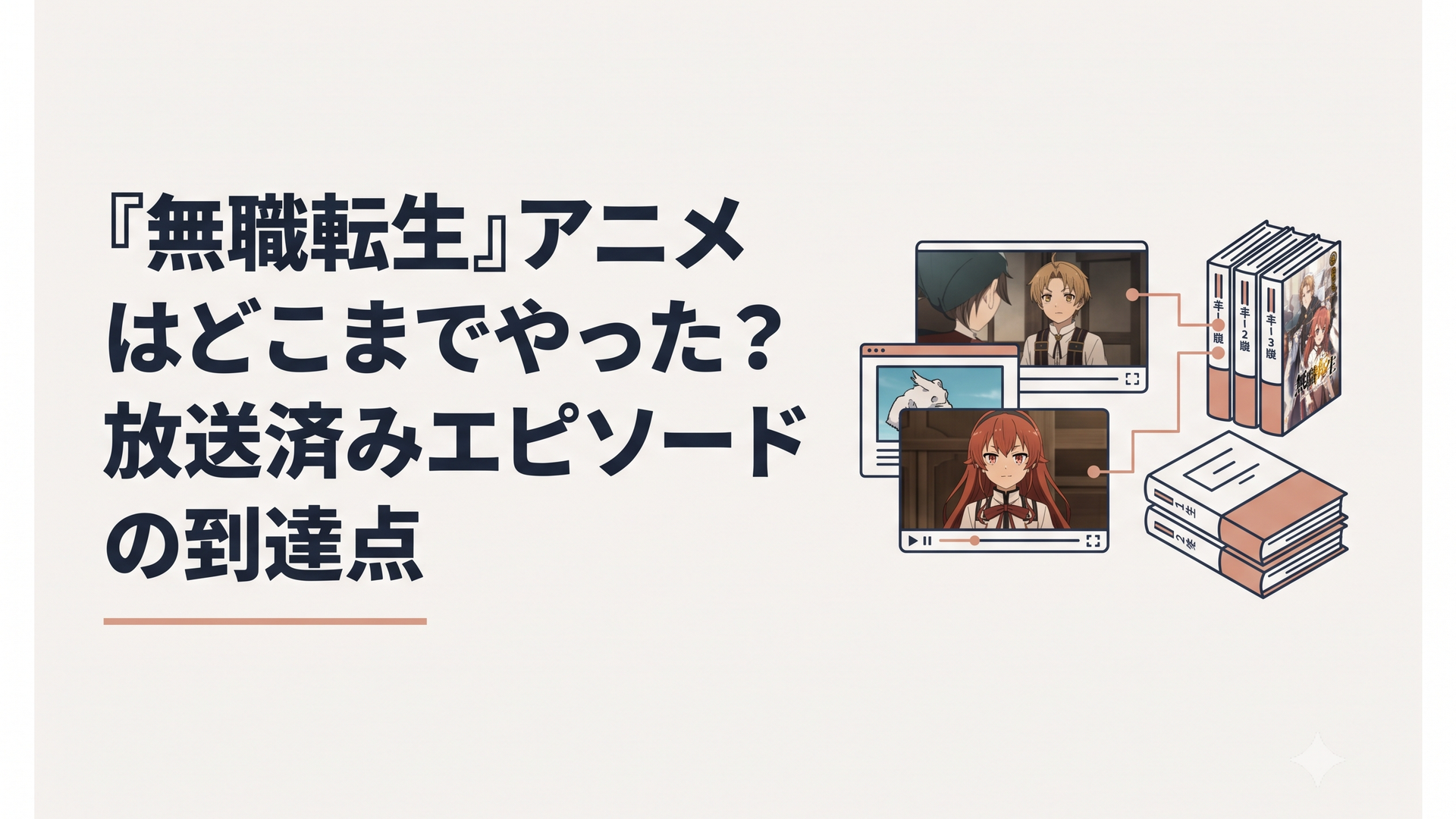 アニメ映像と原作小説を並べて無職転生の対応巻を確認する場面