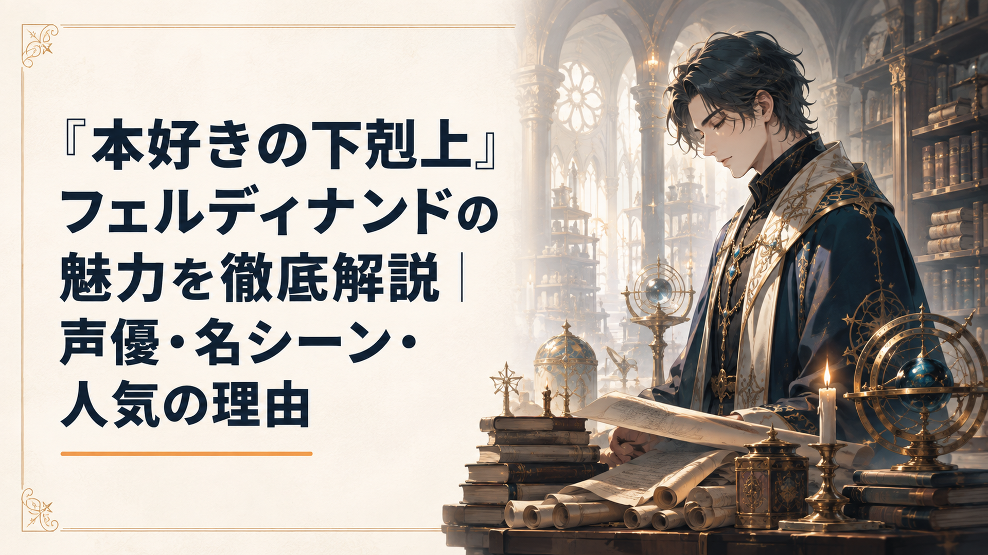 薄暗い神殿の図書室で、山積みの羊皮紙と魔術具に囲まれながら静かに視線を落とす美しい青年の横顔