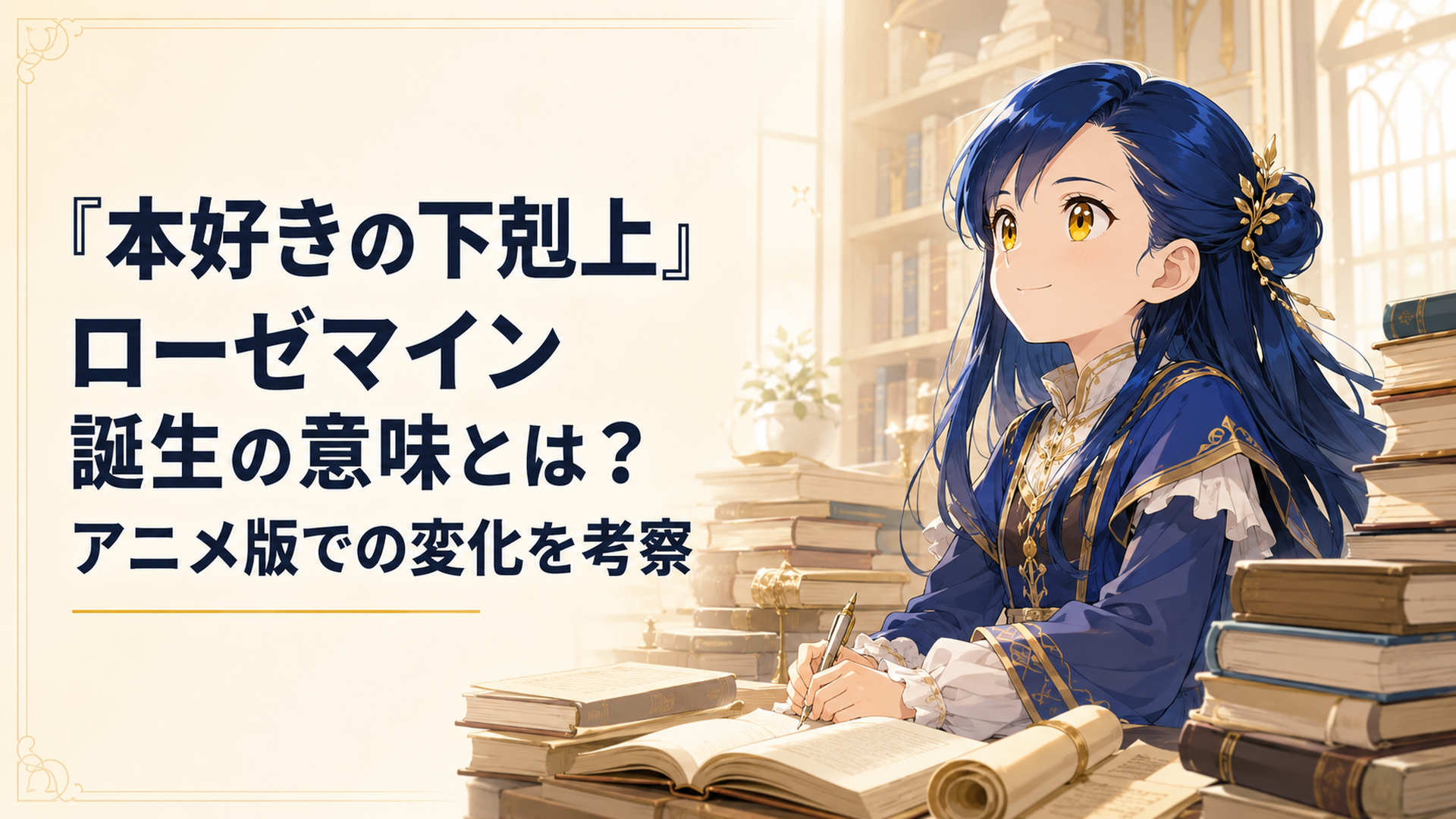 金色の瞳と夜空のような紺色の髪を持つ少女が、山積みの本に囲まれて決意を秘めた表情で微笑む情景