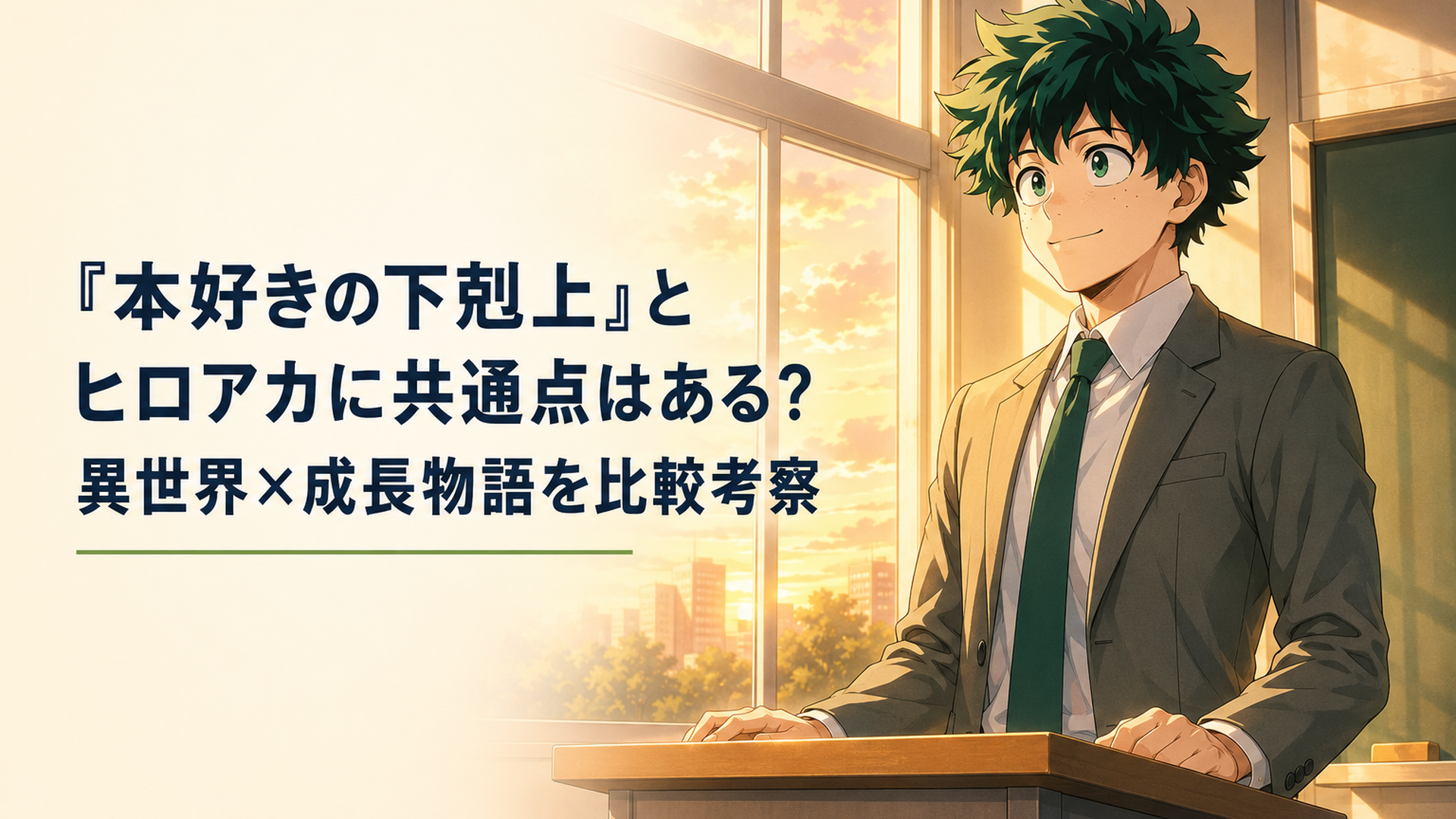 大人になった緑谷出久が雄英高校の教室で教壇に立ち、窓から差し込む暖かい夕暮れの光の中で穏やかに微笑むエモーショナルな光景
