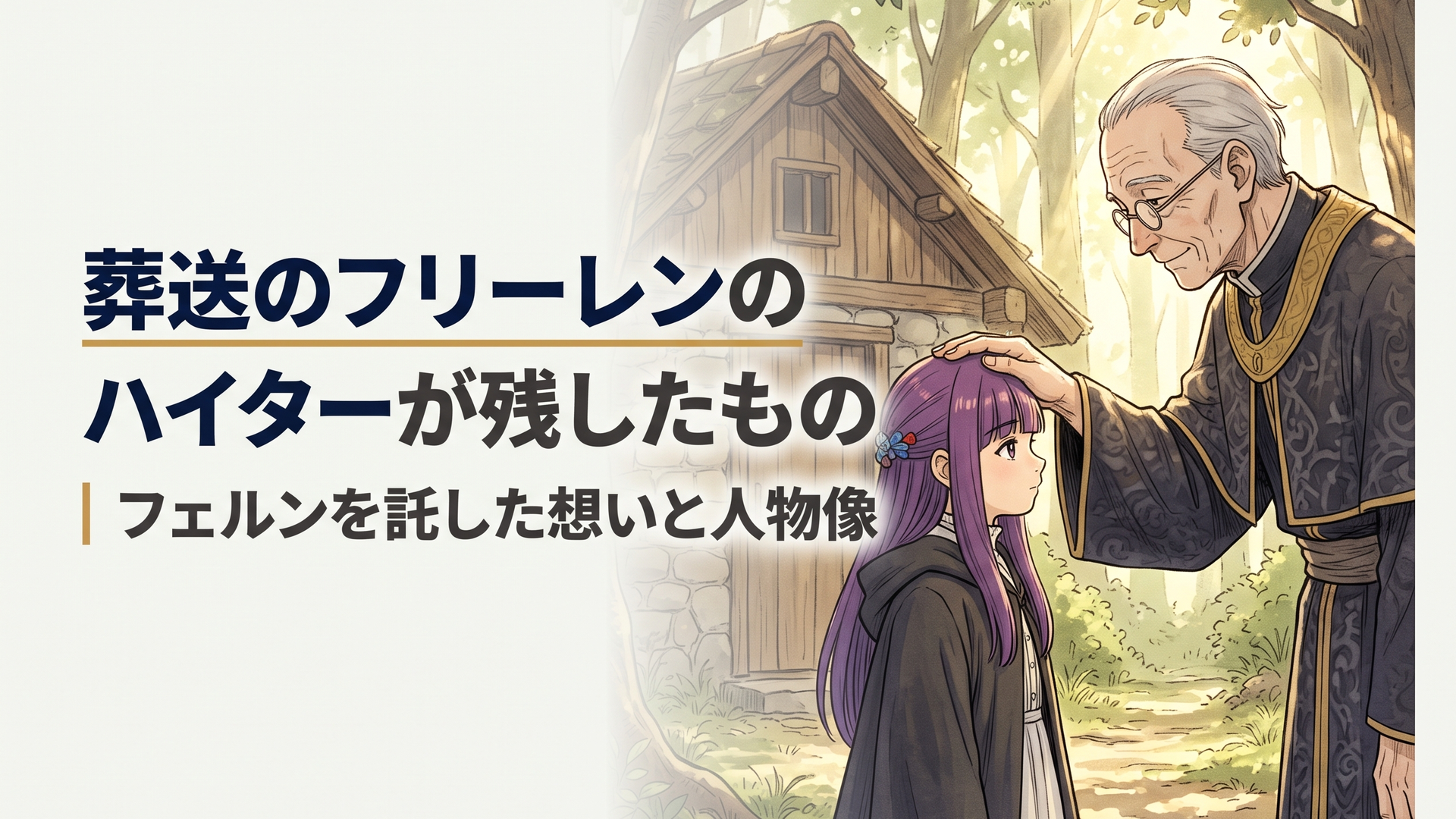 木漏れ日が差し込む質素な森の庵で幼いフェルンの頭に穏やかに手を添える晩年の老僧侶ハイター