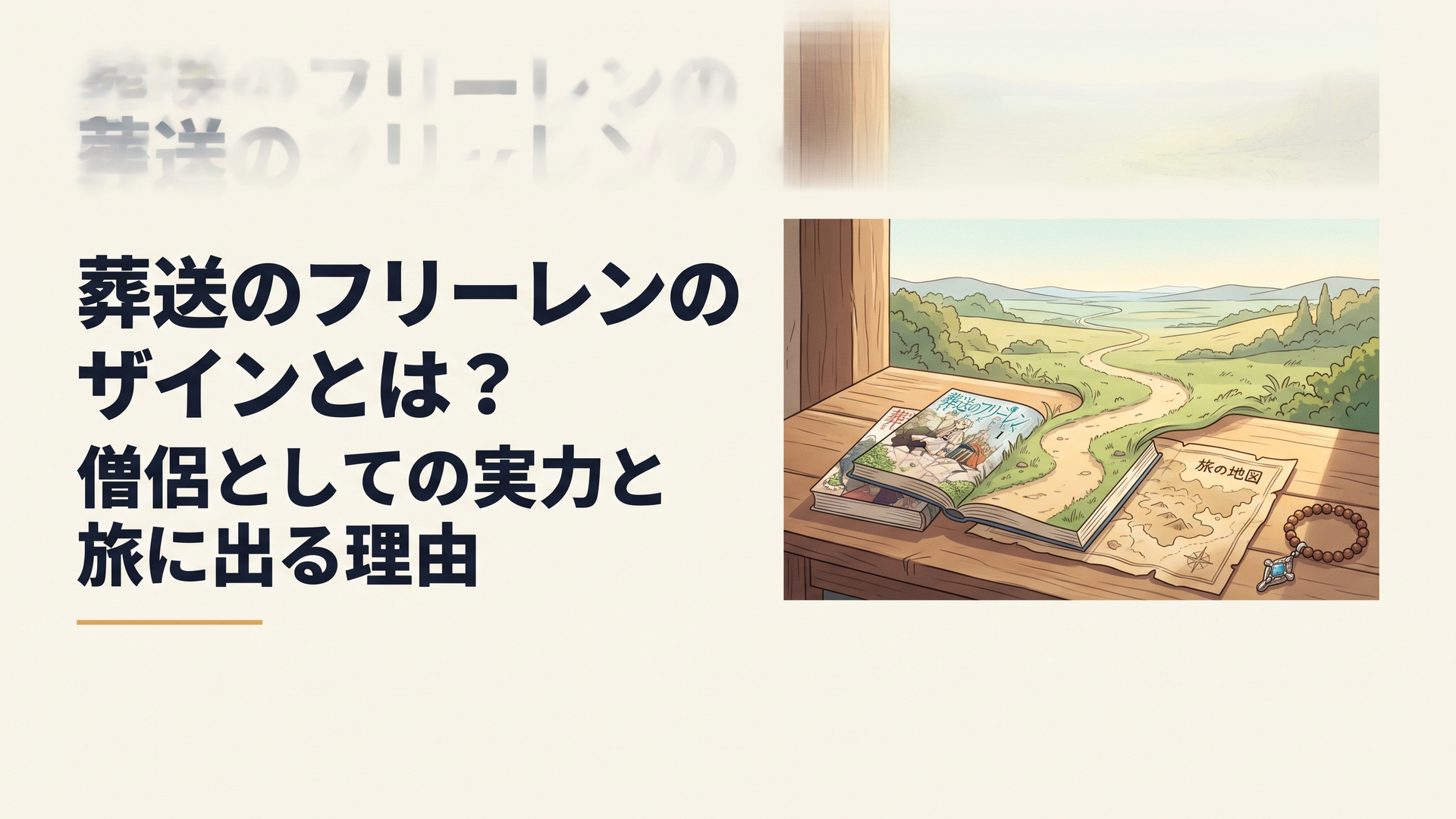 朝の光が差す机に置かれた二冊の漫画と旅の地図、ページの先へ道が続く静かなファンタジー風景
