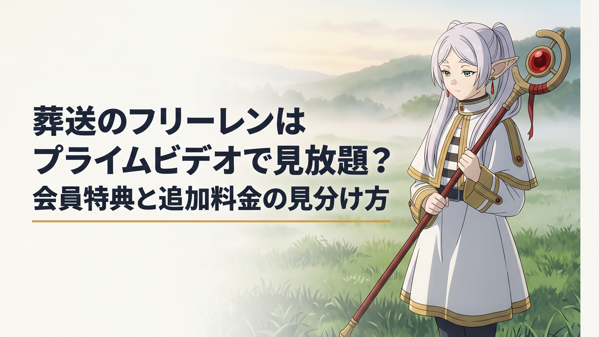 朝靄に煙る緑豊かな草原で、古い木製の杖を胸に抱きながら静かに佇むエルフの魔法使いフリーレンの美麗イラスト
