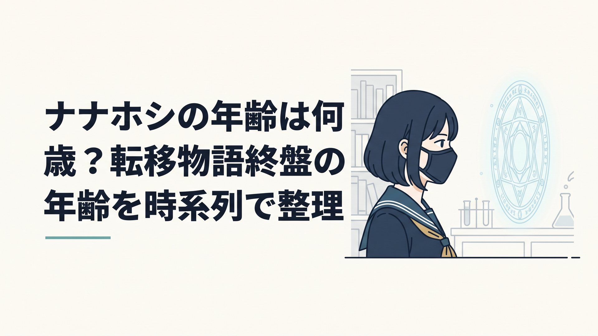 ラノア魔法大学の研究室で青白い魔導陣を見つめる仮面をつけた制服姿の少女ナナホシの横顔