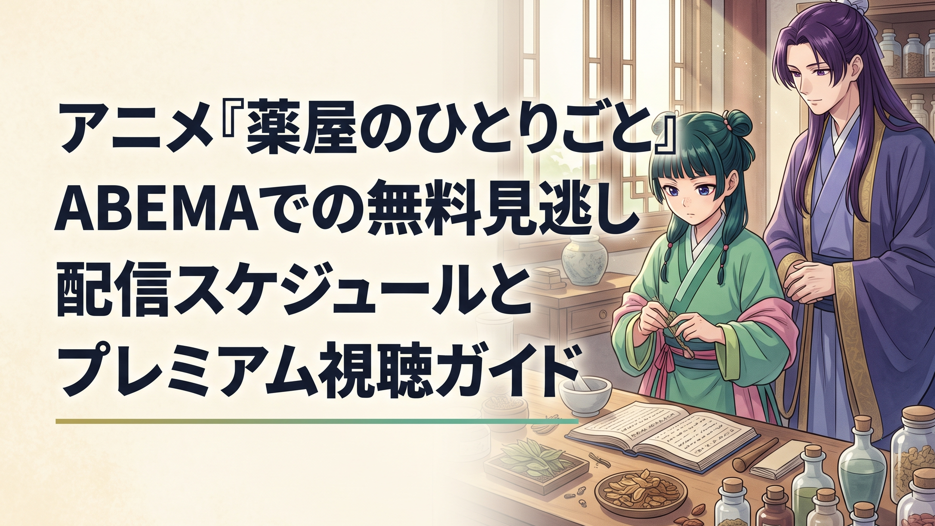後宮の調剤机に並ぶ無数の薬瓶と開かれた書物を前に、知的な眼差しで処方を思案する猫猫と遠くを見守る壬氏の姿